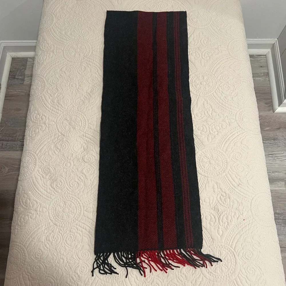 Coach Scarf 100% Wool Knit Red Black Striped Preppy‎ Fringe Logo Patch *FLAW